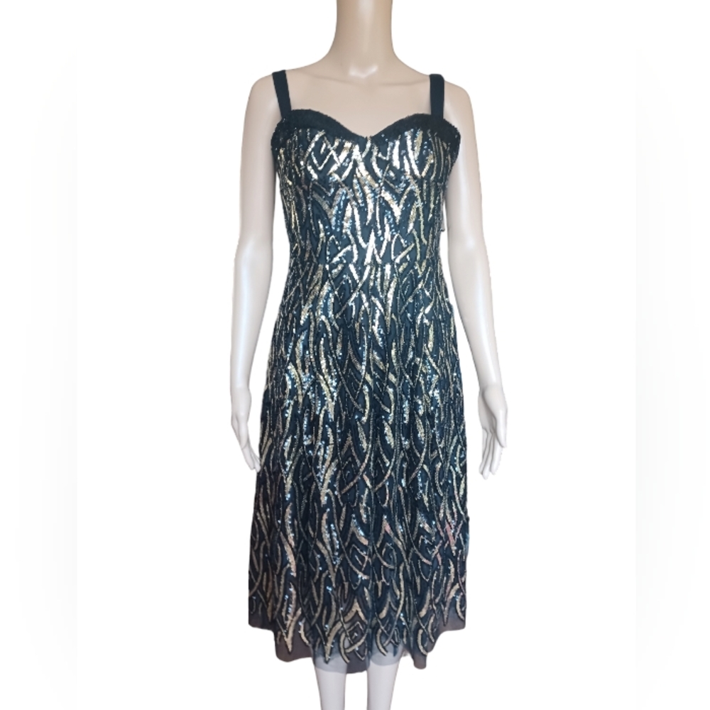 Dress the Population Black and Gold Sequin Midi Dress